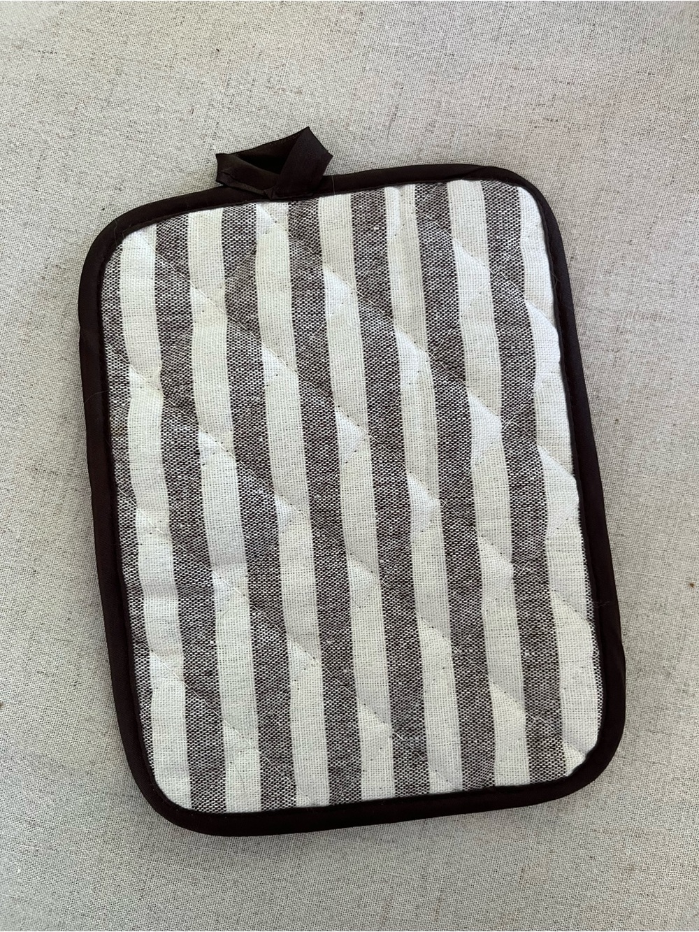 Vintage Style Striped Quilted Potholder | Neutral Cream & Dark Brown